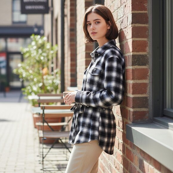 Eden & Olivia Flannel Shirt Jacket XL – Black White Plaid Belted Tunic - Picture 3 of 6